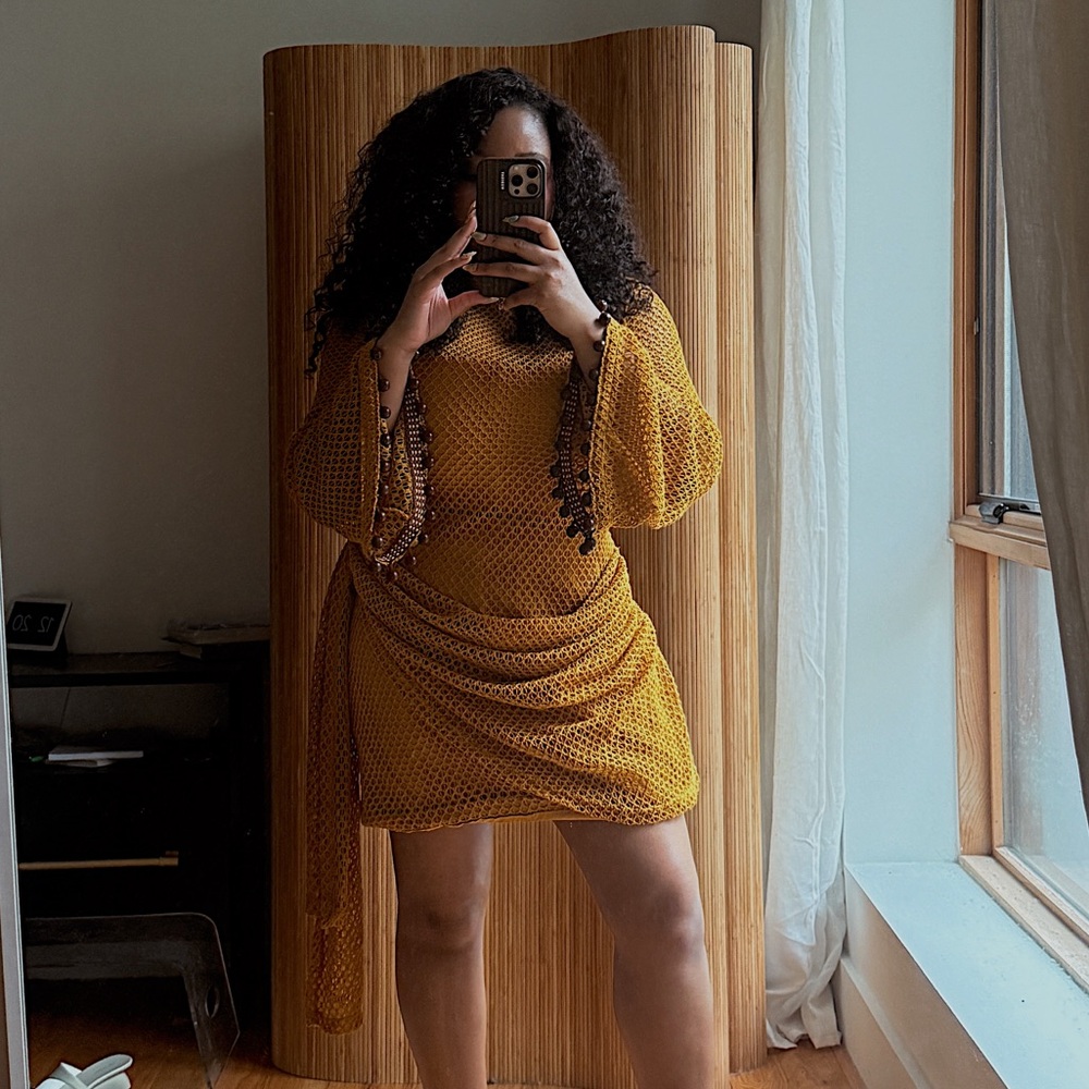 Andrea Iyamah Mustard Gold Long Sleeve Mesh Mini Dress - Picture 4 of 4